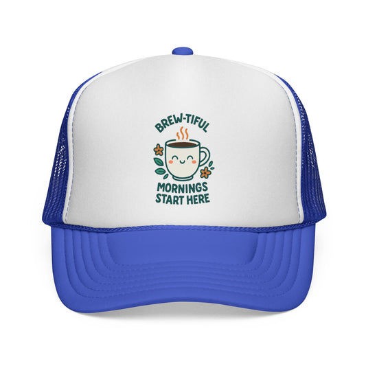 Coffee Lovers Trucker Cap, Brew-tiful Mornings Start Here, Coffee Hat