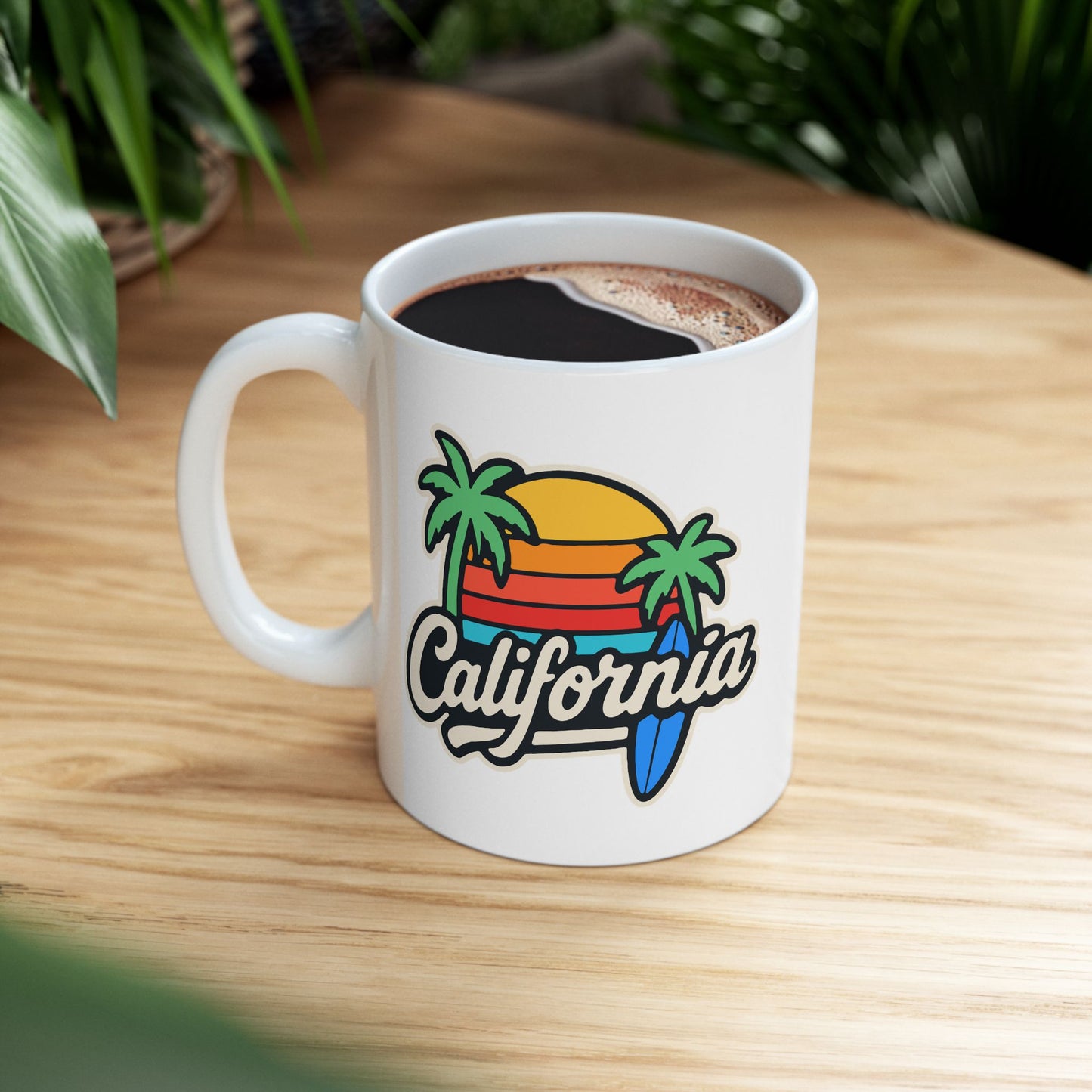 California Sunset Ceramic Mug, Tropical Beach Coffee Cup, Gift for Surf Lovers, Palm Tree Decor, Vacation Vibes