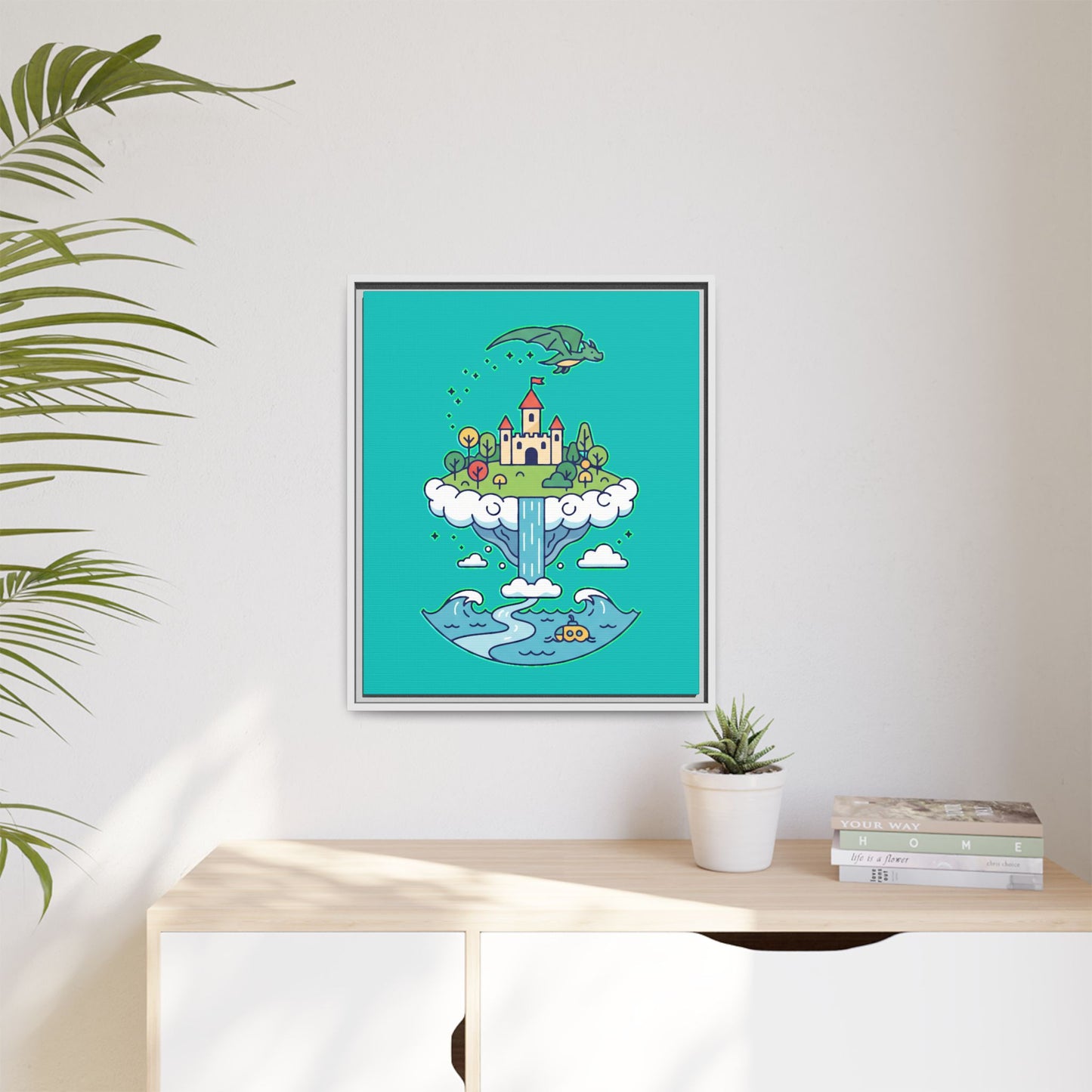 Floating Castle Dragon - Magical Fantasy Island - Framed Canvas