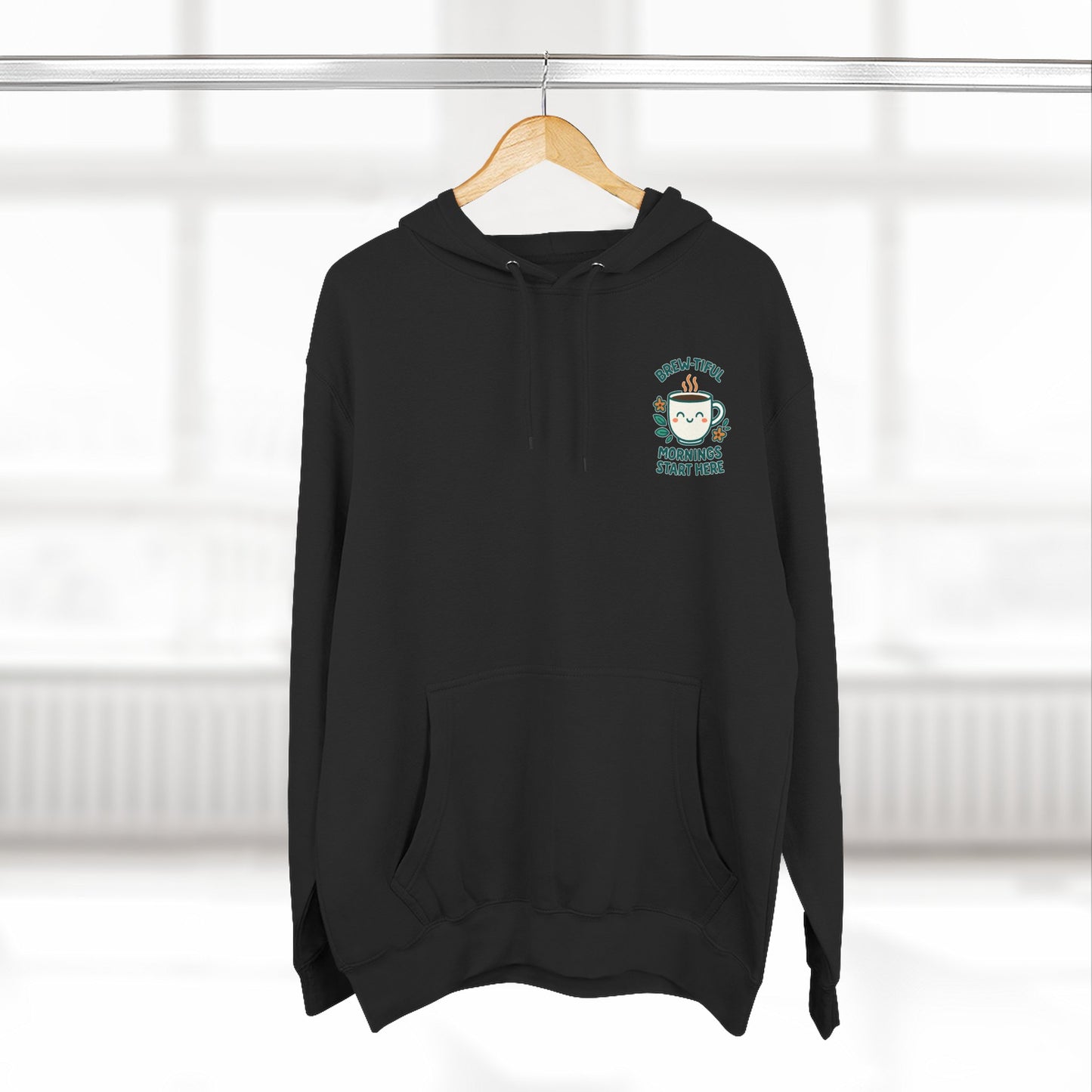 Brew-tiful Mornings Start Here, Cozy Three-Panel Fleece Hoodie, Perfect for Fall, Casual Outfit, Gift for Her, Layering Essential, Relaxed Style