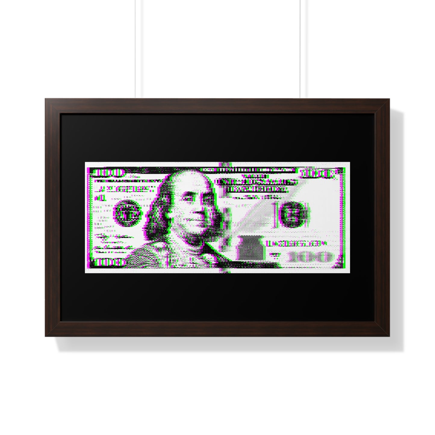 100 Dollars Bill - Green/Magenta Glitch - Framed Poster