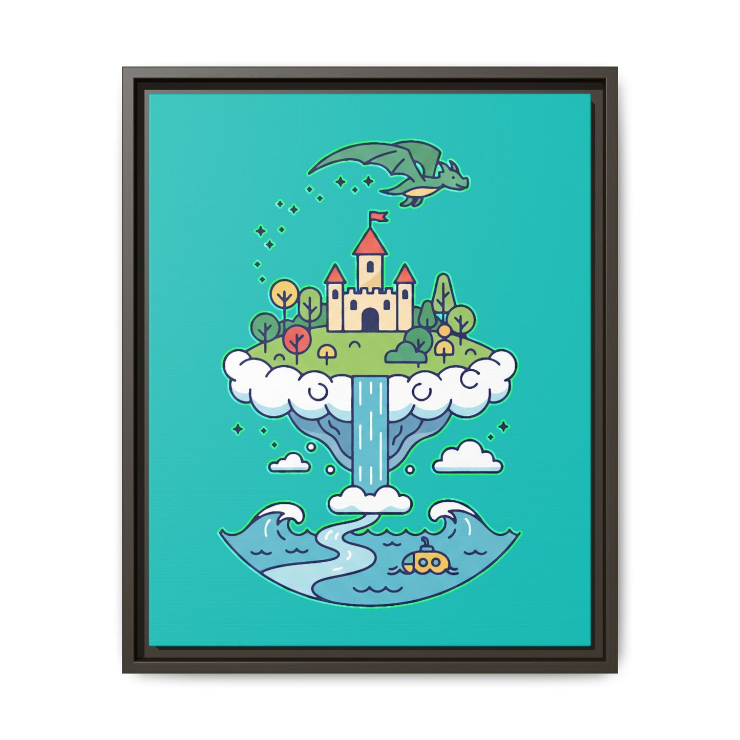 Floating Castle Dragon - Magical Fantasy Island - Framed Canvas