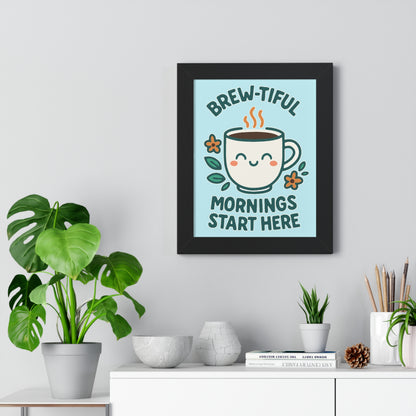 Cute Coffee Wall Art, Brew-tiful Mornings Poster, Kitchen Decor, Gift for Coffee Lovers, Floral Artwork, Home Office Print