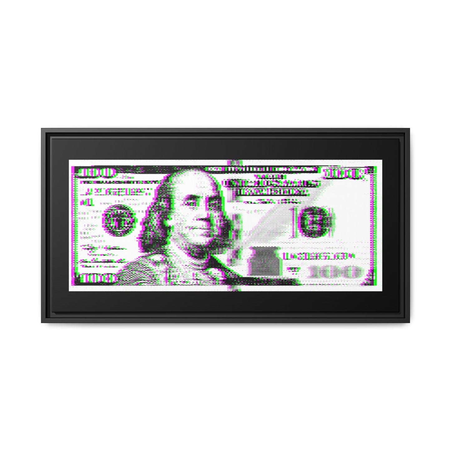 100 Dollars Bill - Green/Magenta Glitch - Framed Canvas