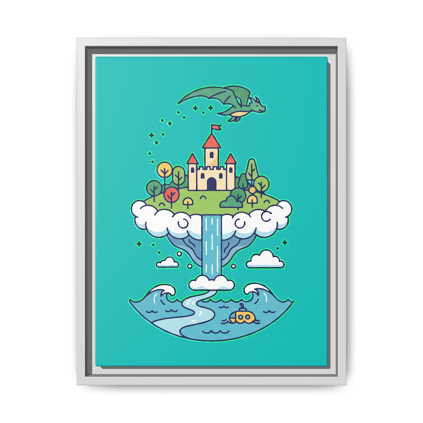 Floating Castle Dragon - Magical Fantasy Island - Framed Canvas