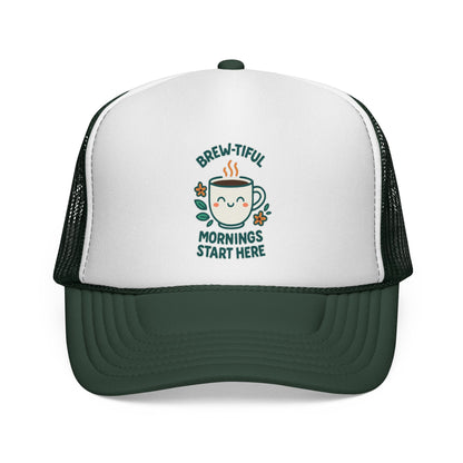 Coffee Lovers Trucker Cap, Brew-tiful Mornings Start Here, Coffee Hat