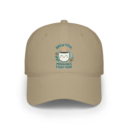 Stylish Low Profile Baseball Cap with Unique "Brew-tiful Morning Start Here" Design, Casual Hat, Fashion Accessory, Outdoor Gear, Gift for Him/Her
