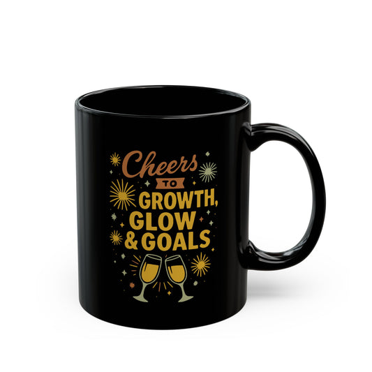 Cheers to Growth Black Mug, Motivational Coffee Cup for Success, Perfect for New Year, Birthdays, or Office Gifts