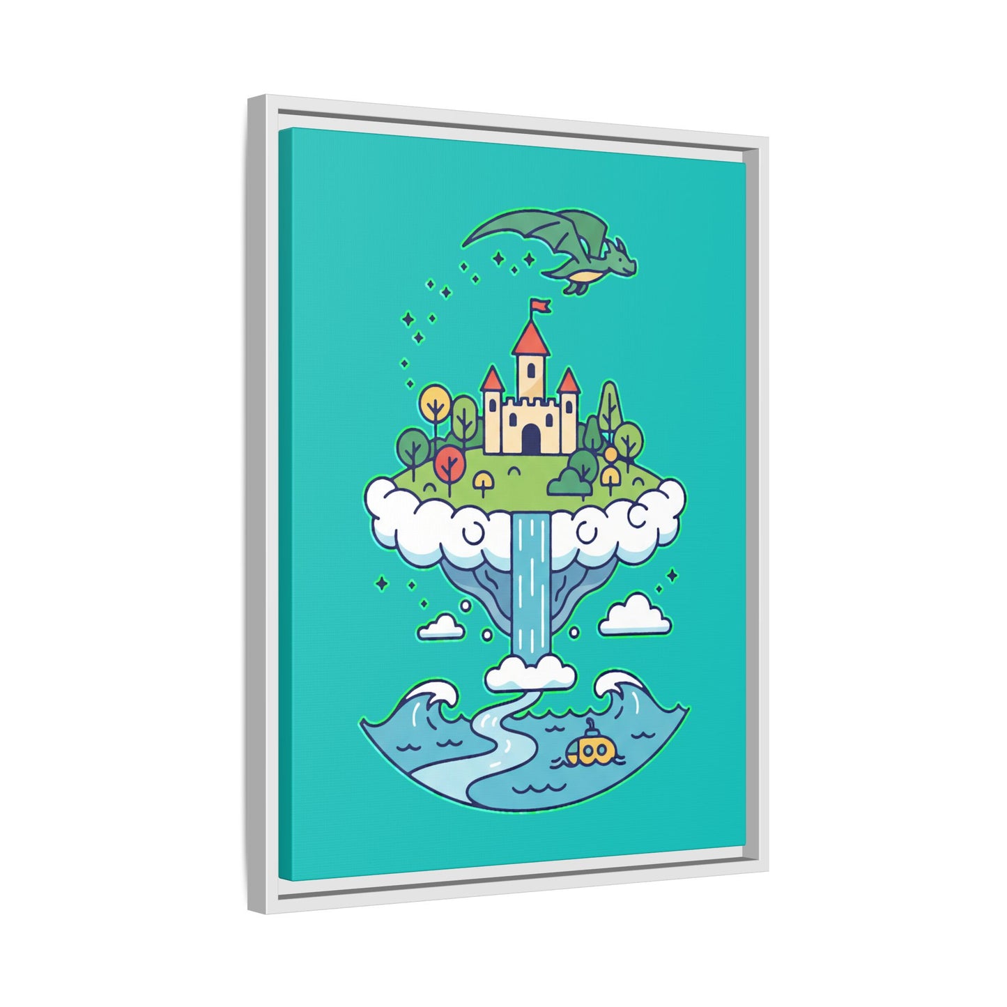 Floating Castle Dragon - Magical Fantasy Island - Framed Canvas