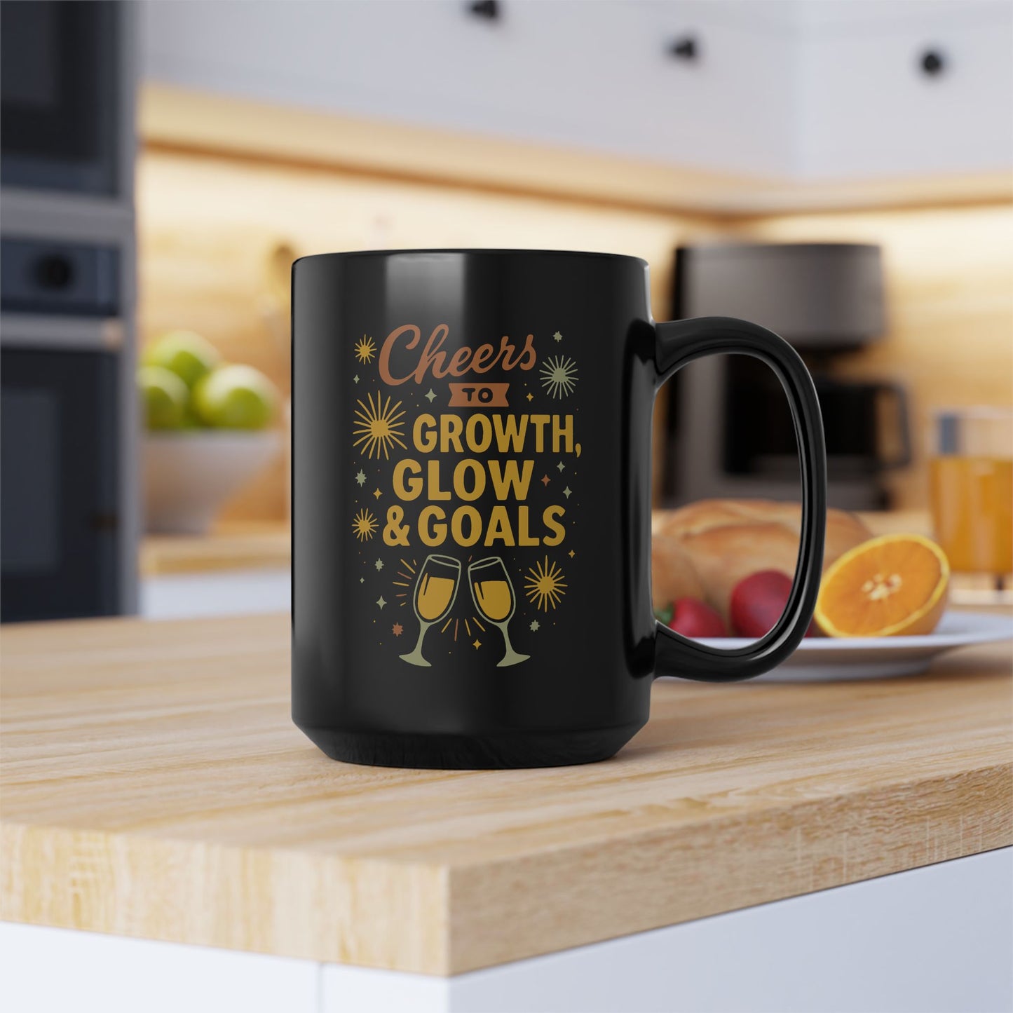 Cheers to Growth Black Mug, Motivational Coffee Cup for Success, Perfect for New Year, Birthdays, or Office Gifts