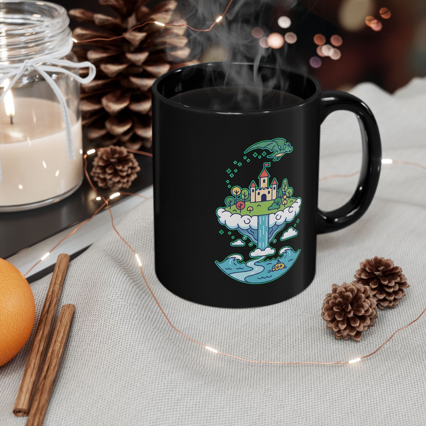 Floating Castle Dragon - Magical Fantasy Island - Black Mug