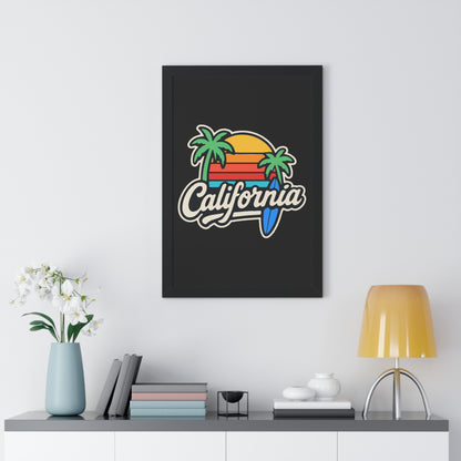 California Sunset Framed Poster, Beach Wall Art, Home Decor, Tropical Vibes, Gift for Surf Lovers