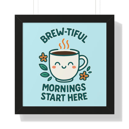 Cute Coffee Wall Art, Brew-tiful Mornings Poster, Kitchen Decor, Gift for Coffee Lovers, Floral Artwork, Home Office Print