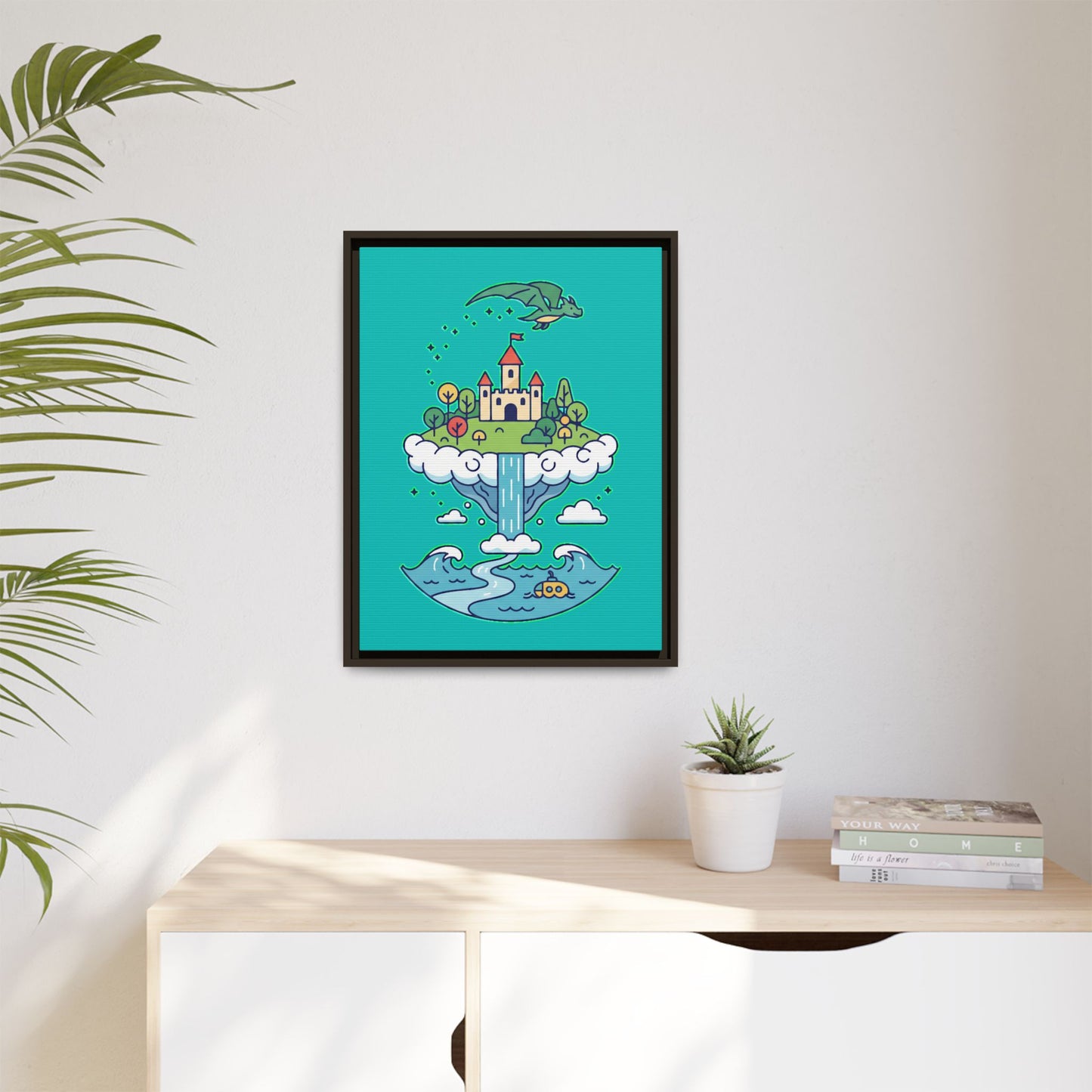 Floating Castle Dragon - Magical Fantasy Island - Framed Canvas