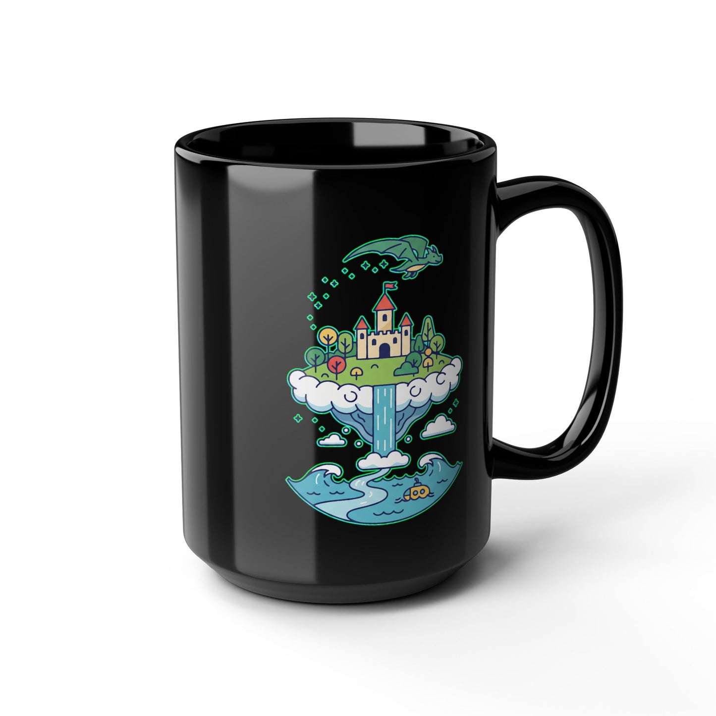 Floating Castle Dragon - Magical Fantasy Island - Black Mug