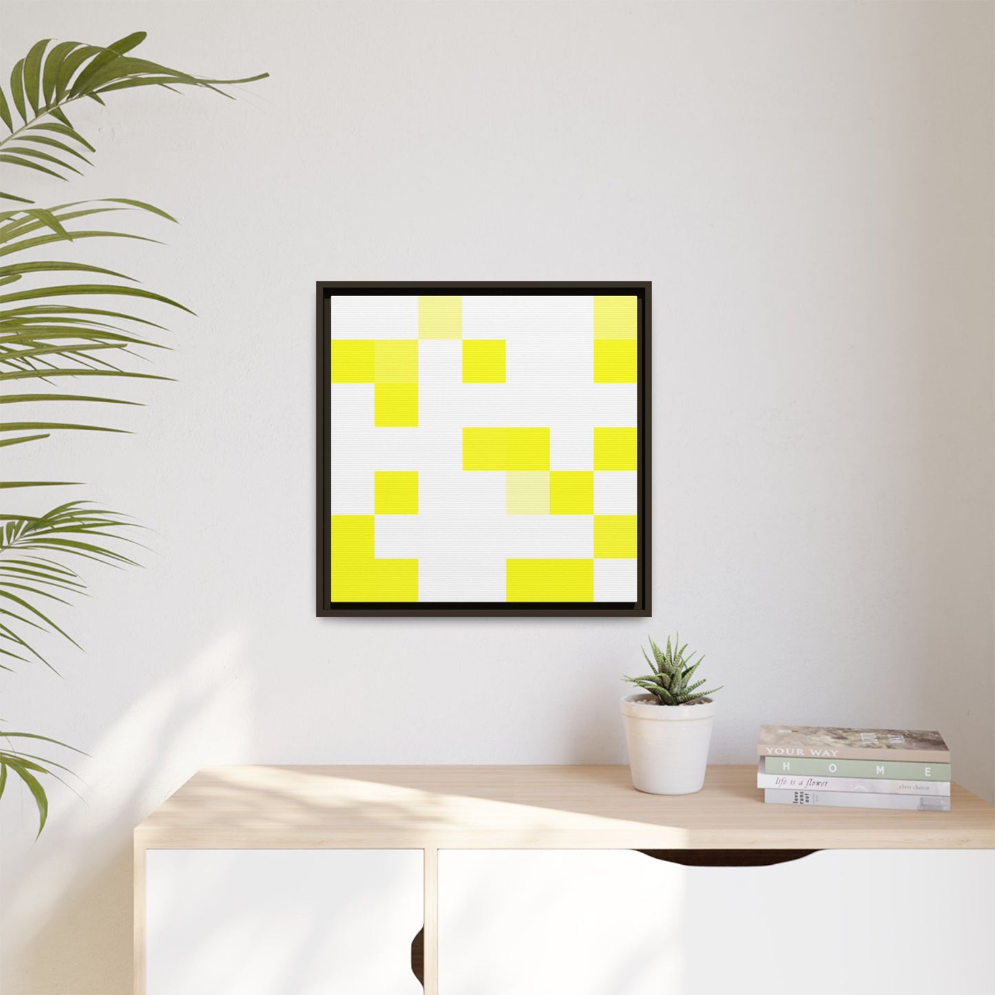 Yellow Pixel Grid - Framed Canvas