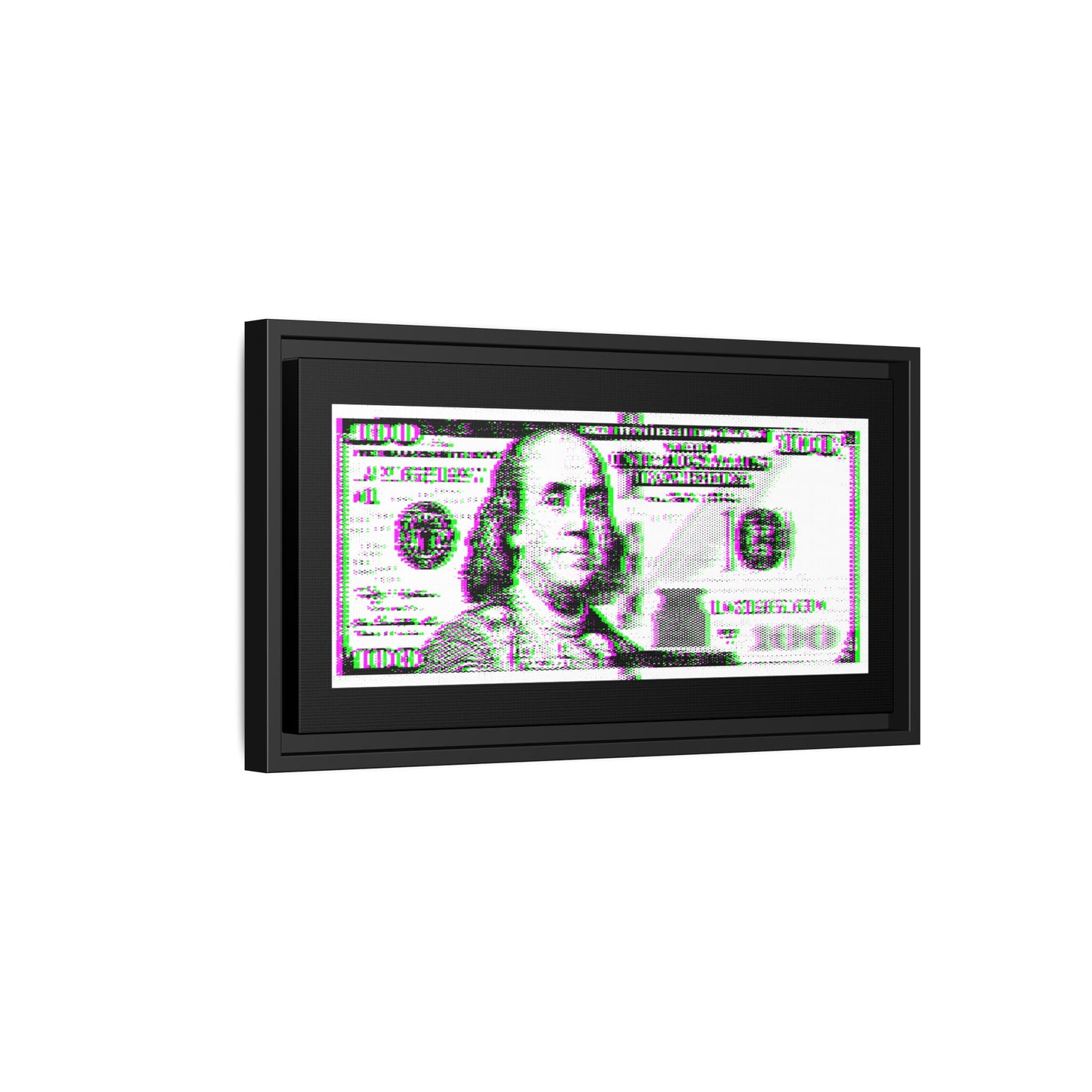 100 Dollars Bill - Green/Magenta Glitch - Framed Canvas