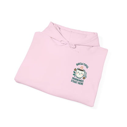 Brew-tiful Mornings Start Here Hoodie, Unisex Sweatshirt for Coffee Lovers, Cozy Gift
