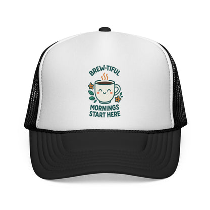Coffee Lovers Trucker Cap, Brew-tiful Mornings Start Here, Coffee Hat