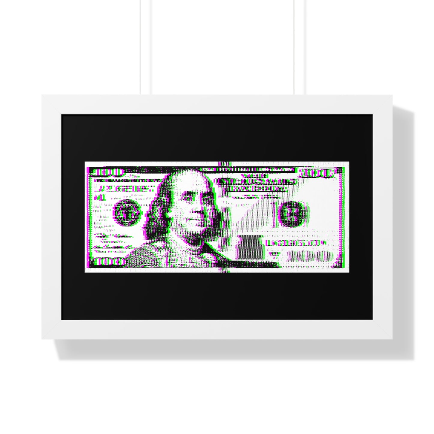 100 Dollars Bill - Green/Magenta Glitch - Framed Poster