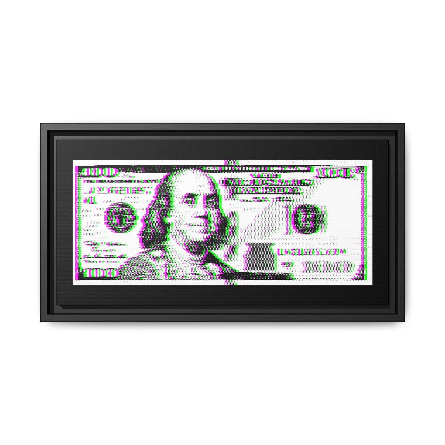 100 Dollars Bill - Green/Magenta Glitch - Framed Canvas