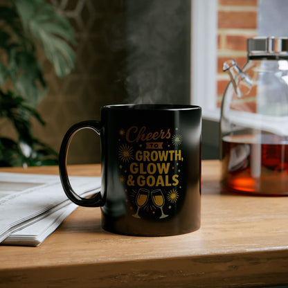 Cheers to Growth Black Mug, Motivational Coffee Cup for Success, Perfect for New Year, Birthdays, or Office Gifts
