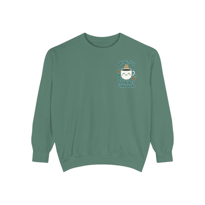 Cozy Coffee Sweatshirt, Brew-tiful Mornings Start Here, Unisex Pullover, Gift for Coffee Lovers, Casual Wear, Relaxed Style