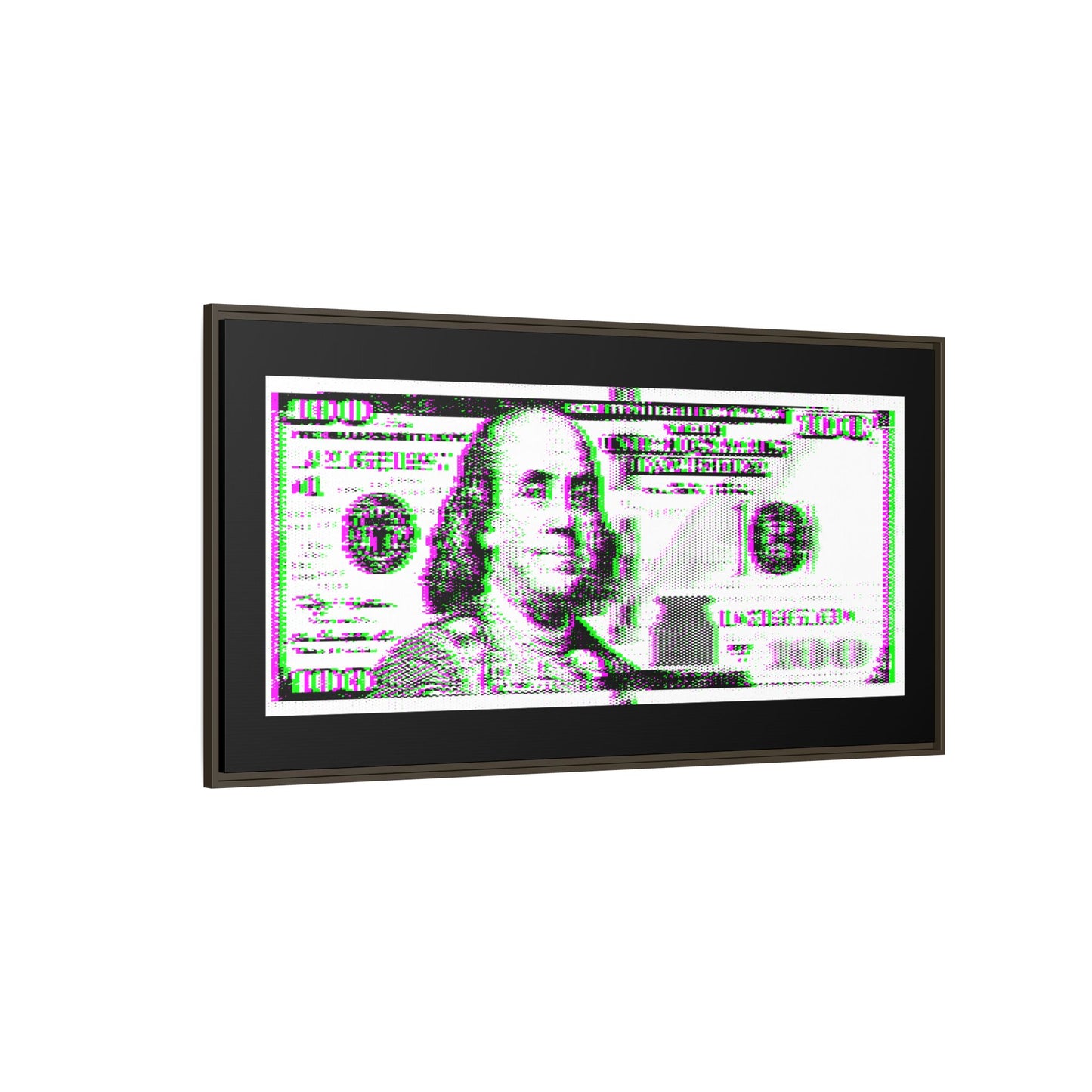 100 Dollars Bill - Green/Magenta Glitch - Framed Canvas