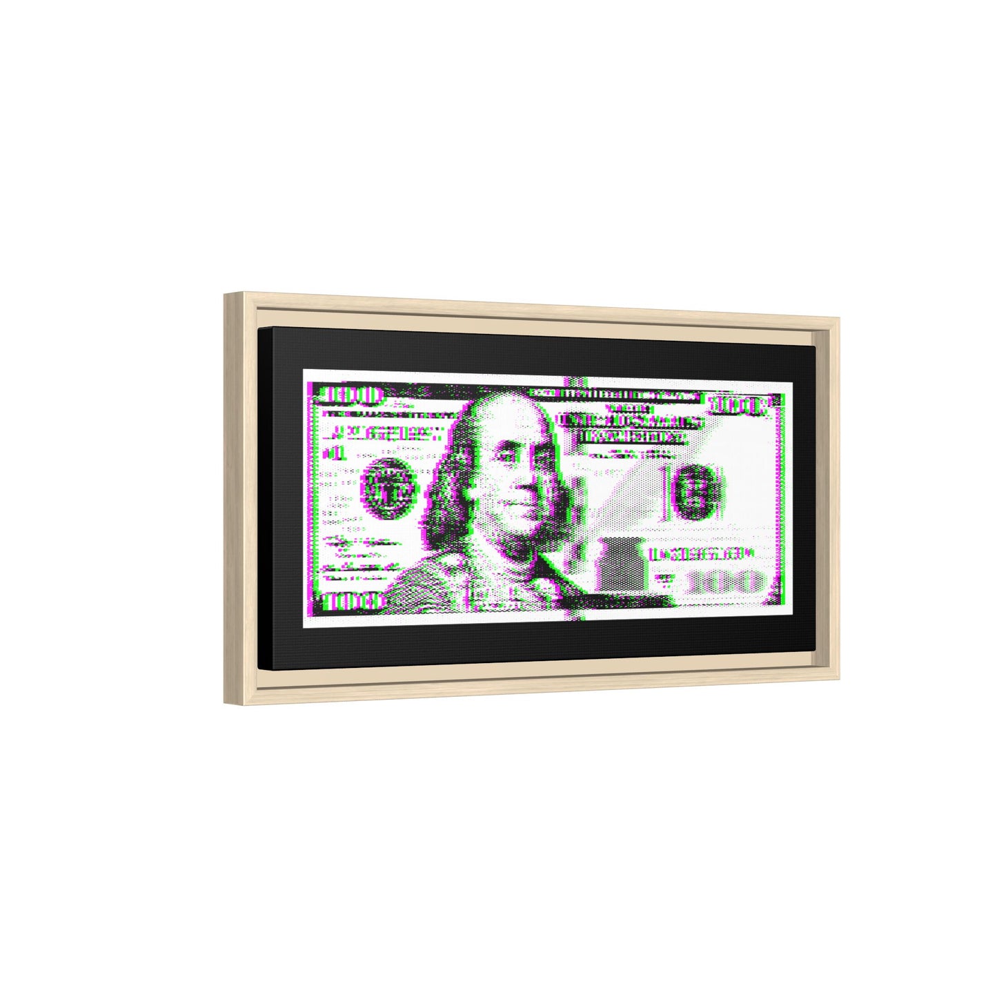 100 Dollars Bill - Green/Magenta Glitch - Framed Canvas