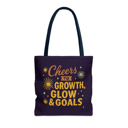 Cheers to Growth Tote Bag, Motivational Gift for Goals, Daily Use, Eco-Friendly Shopping, Inspirational Quotes, New Year's Vibes