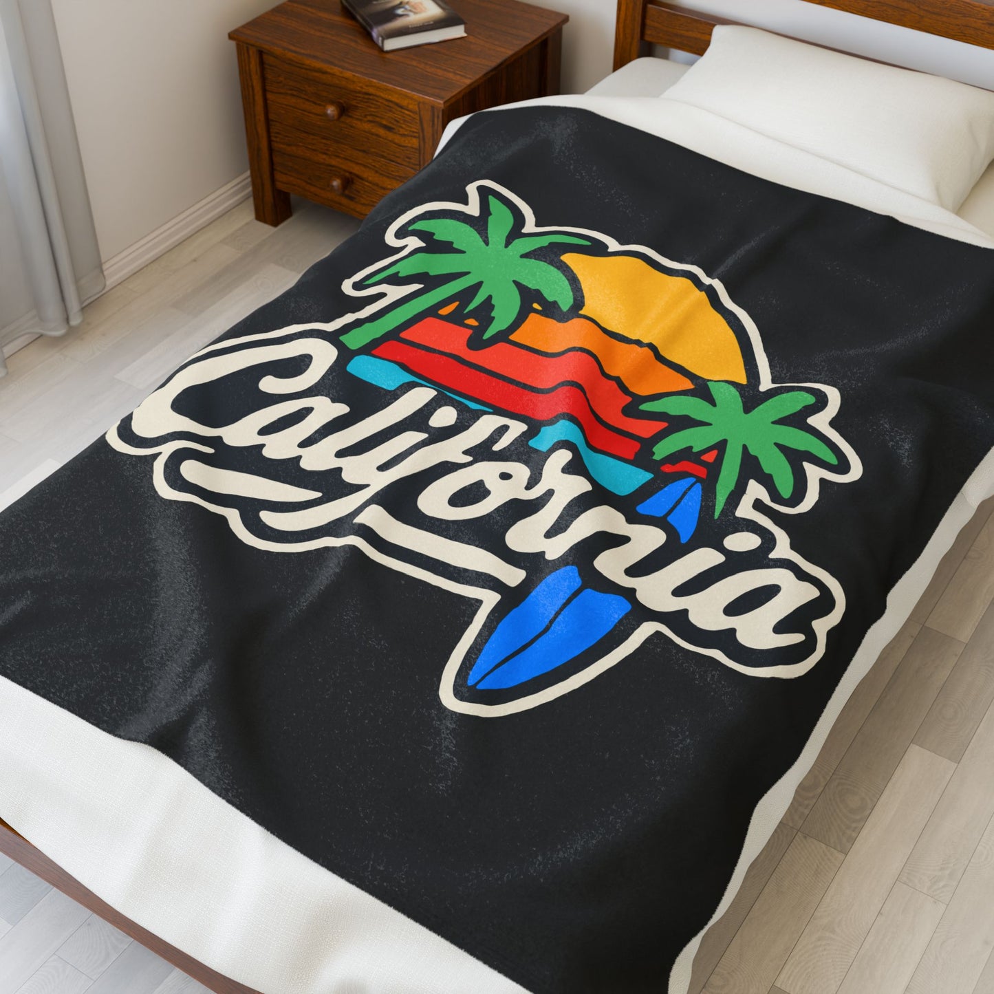 California Sunset Velveteen Plush Blanket, Cozy Beach Vibes, Soft Gift for Surfers, Home Decor, Travel, Camping