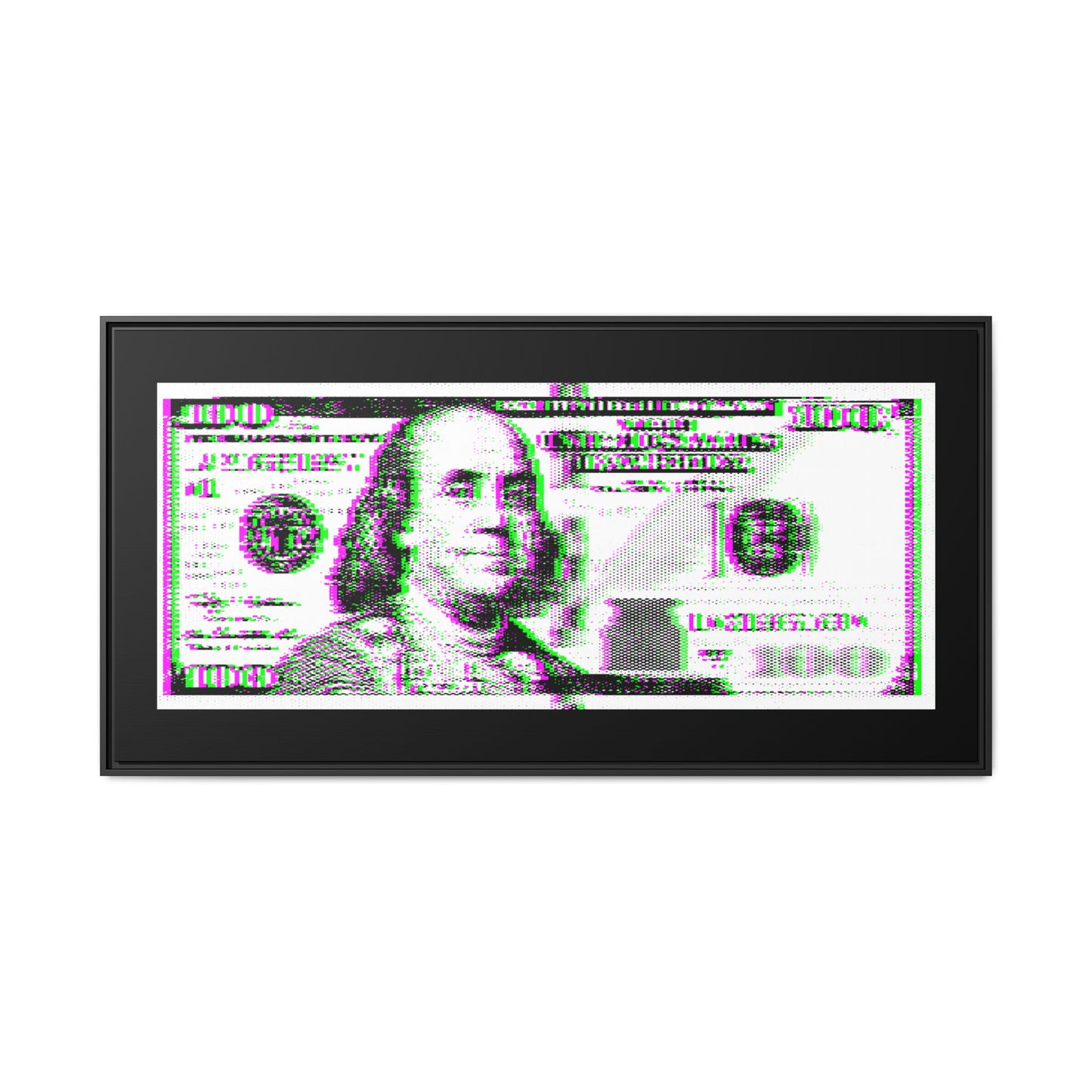 100 Dollars Bill - Green/Magenta Glitch - Framed Canvas